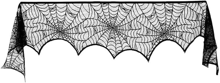 Decoración de chimenea de Halloween, decoración de tela de araña de encaje negro, cubierta de bufanda para chimenea, decoración de suministros de