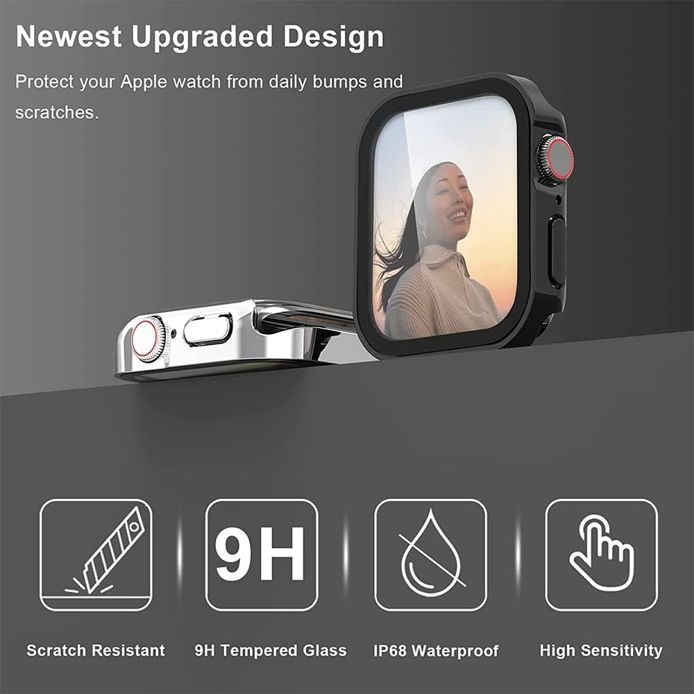 Funda y cristal para Apple Watch Serie 8 de 1.772 in, 1.614 in, 1.732 in, 1.575 in, protector de pantalla impermeable, accesorios para parachoques