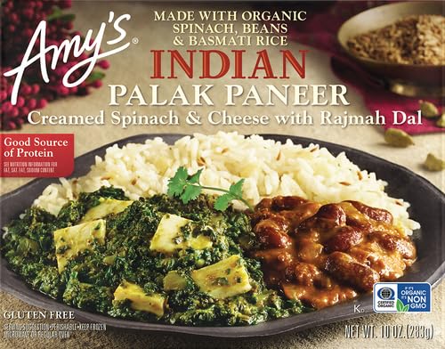 Amy’s Comidas congeladas, Paneer indio sin gluten, hecho con arroz basmati, queso, espinacas y frijoles orgánicos, 10 onzas.