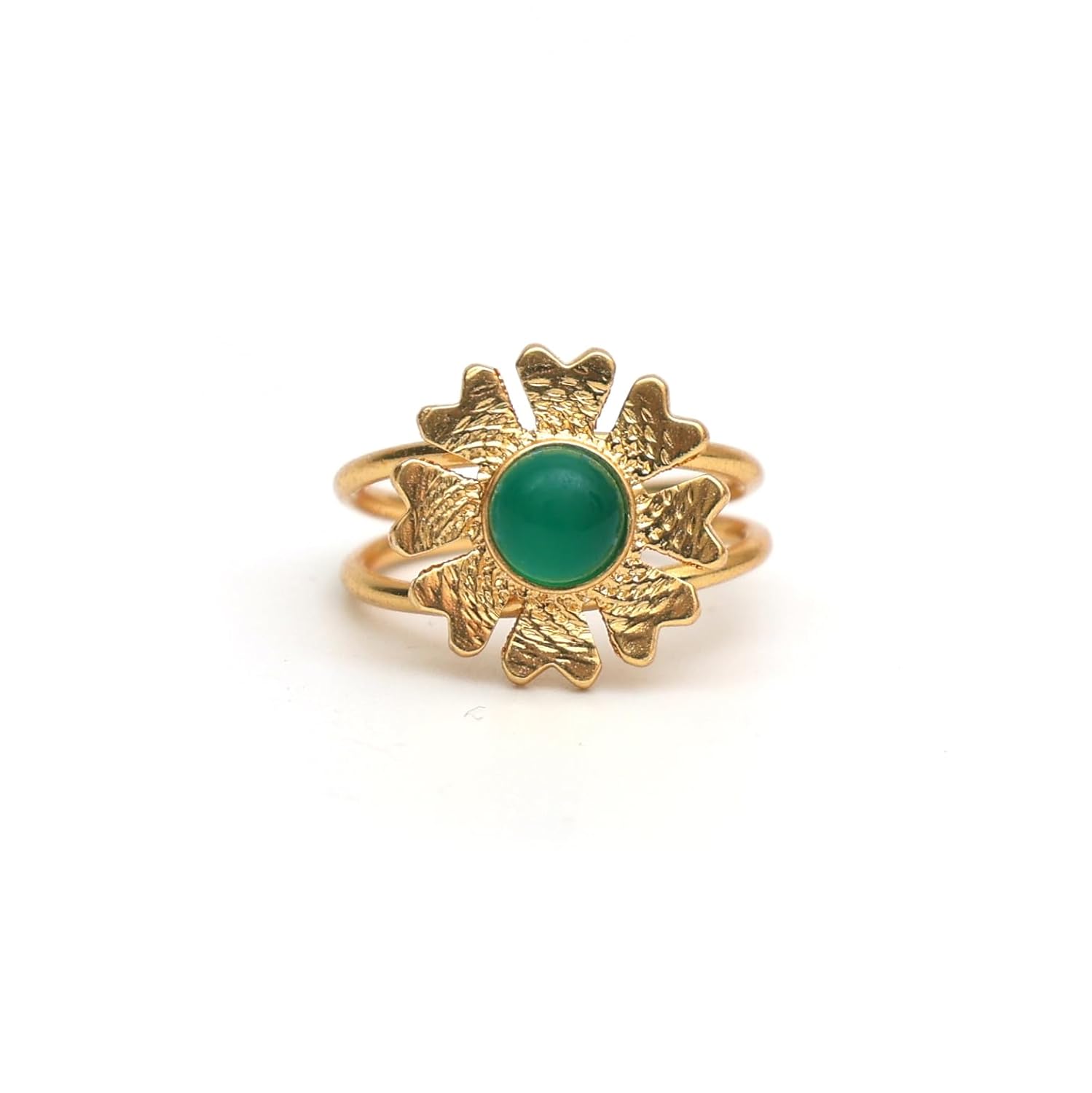 Gempires Green Onyx Ring, Hammered Flower Ring, Adjustable US Size 6 to US Size 9 Ring, Womens Jewelry, Hypoallergenic 14k Gold Plated, Lightweight,