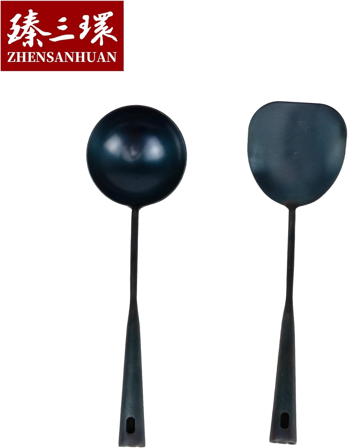 ZhenSanHuan – Juego de herramientas de wok de hierro tradicional hecho a mano y cucharón, utensilios largos para wok (adle, 12.6 pulgadas)
