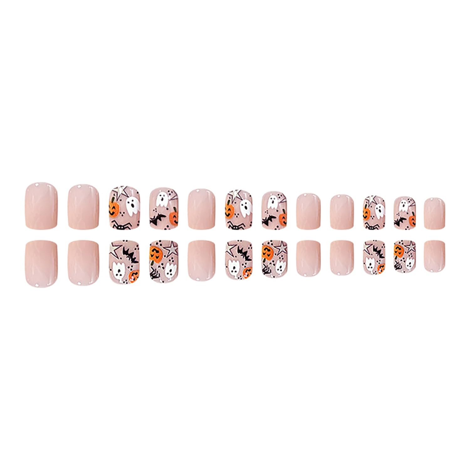 Uñas postizas a presión de Halloween de color rosa, uñas postizas cortas cuadradas de cobertura completa con diseños de murciélago, fantasma,