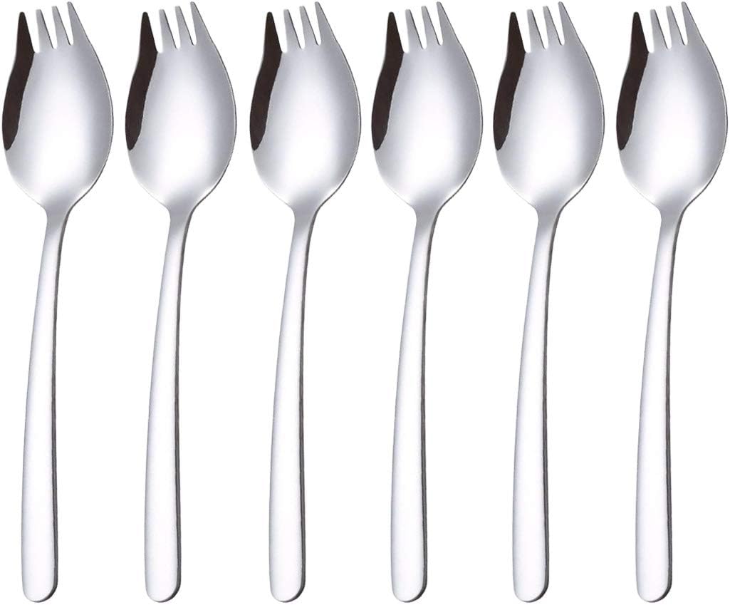 Sporks, AXIAOLU – Juego de 6 tenedores de acero inoxidable 1810, cuchara de helado de 7.4 pulgadas y tenedores de ensalada, tenedores reutilizables