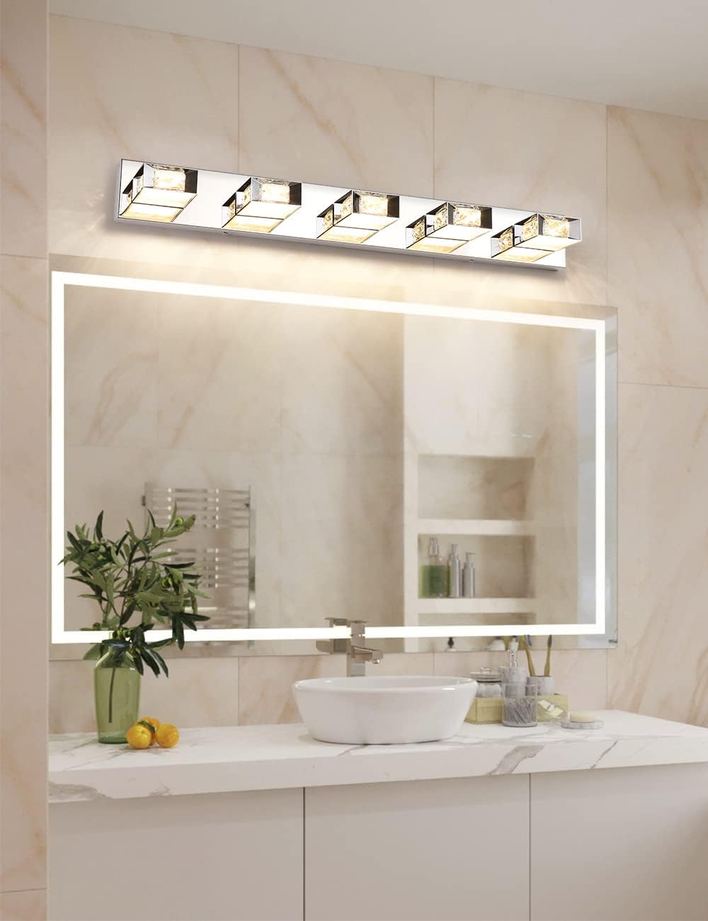 Joossnwell Lámpara de tocador de baño regulable, 5 luces, moderna iluminación LED de cristal para baño, lámpara de pared sobre espejo, 35.4 pulgadas