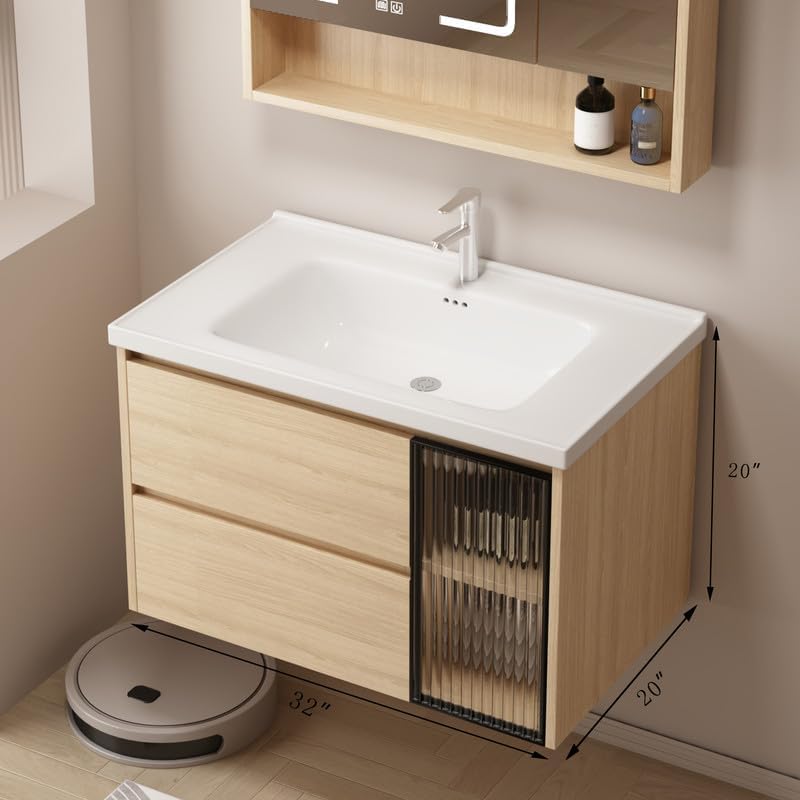 Tocador de baño de 32 pulgadas montado en la pared, tocador de baño con fregadero de cerámica, tocador de baño moderno con 2 cajones de cierre