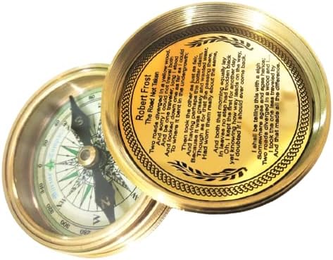 Brújula de bolsillo con poema de Robert Frost con calendario de 100 años de estuche de cuero