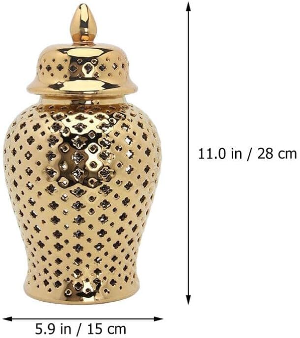 Tarro de jengibre hueco con tapa, tarro de jengibre perforado de cerámica tallado celosía decorativo tarro de templo recortado jarrones de flores de