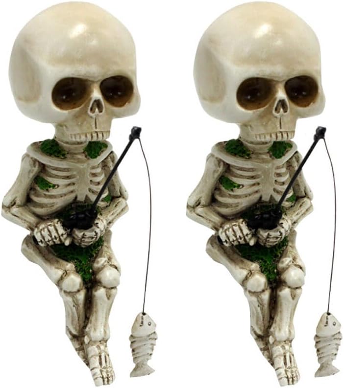 2 adornos de esqueletos de pesca para jardinería, estatua de esqueleto de pesca, figuras de resina, figuras de Halloween, estatuas de calavera de