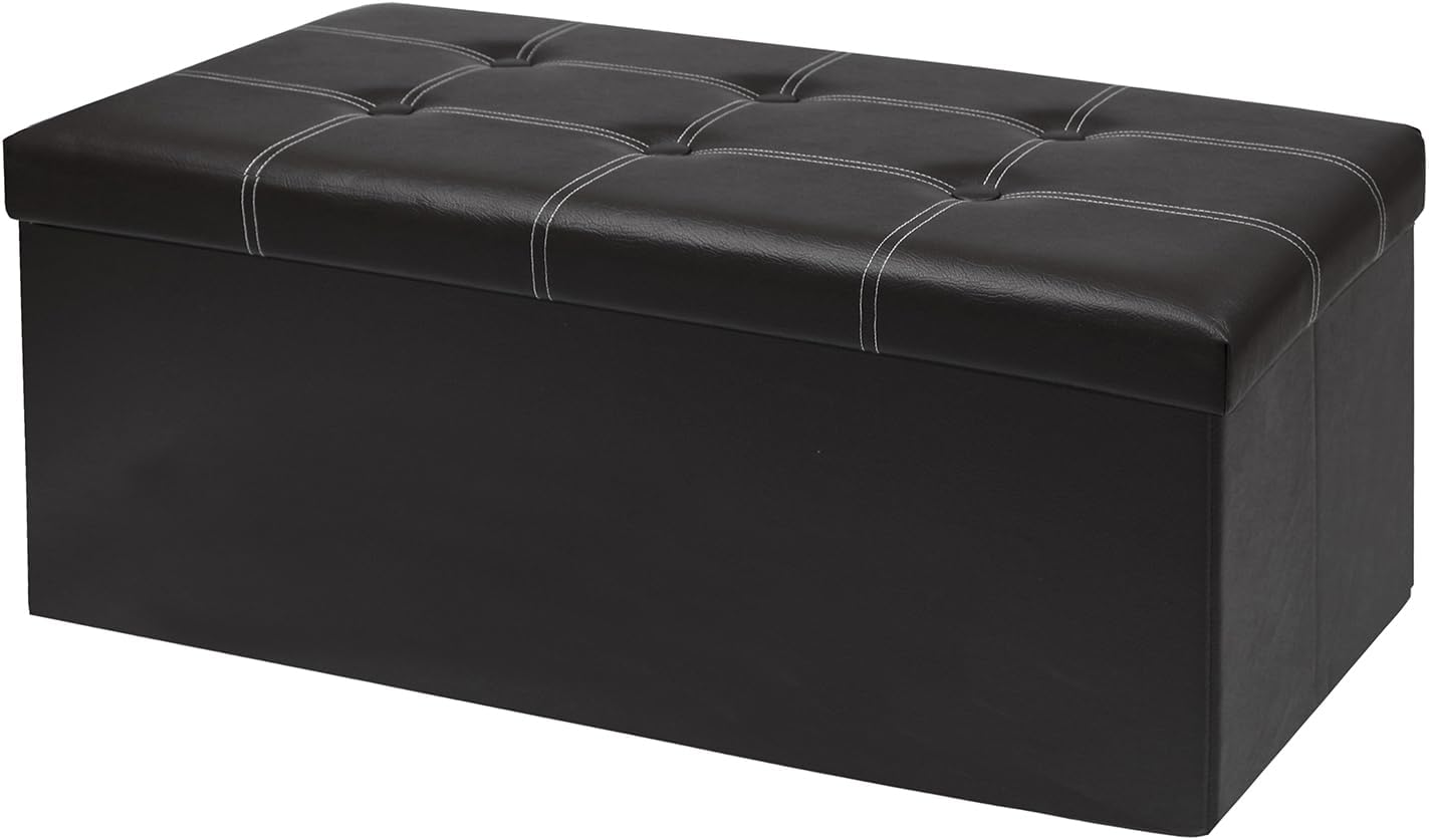 Otomana plegable de almacenamiento de 30 pulgadas, otomana de cuero sintético negro, banco de almacenamiento para dormitorio, sala de estar y