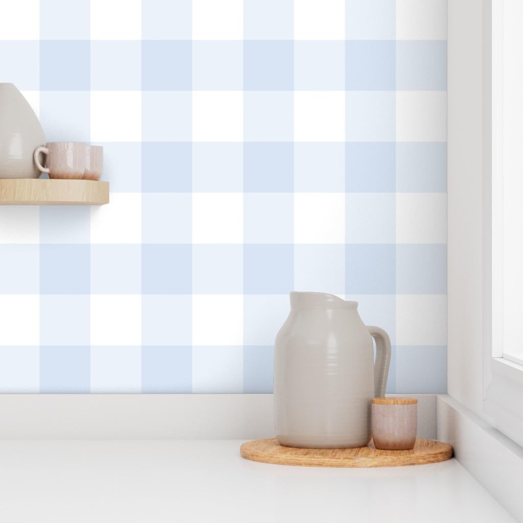 Spoonflower Despegar y pegar papel tapiz Swatch – Azul Gingham grande Check Inch Niños Decoración del hogar Blanco Papel pintado extraíble