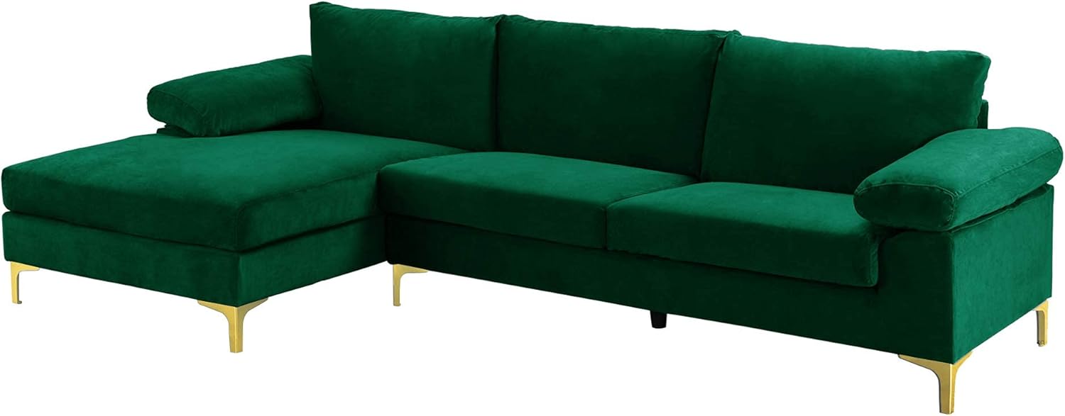 Sofá modular moderno en forma de L, con diván extra ancho y patas doradas