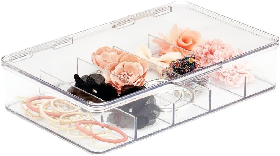 mDesign Caja organizadora apilable de plástico dividida para cabello, maquillaje y joyas con tapa de bisagra para encimera de tocador de baño, 5