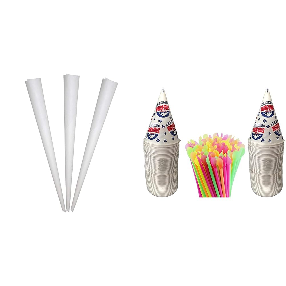 Conos de algodón de azúcar, paquete de 100 conos de algodón de azúcar. Conos de papel blanco y 100 tazas de cono de nieve de 6 onzas con 100 pajitas