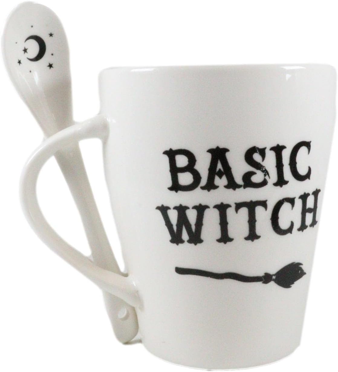Ebros Gift Wicca Gothic Alchemy Witchcraft Divinity – Juego de taza y cuchara de porcelana con mango integrado de soporte de cuchara de 9 onzas,