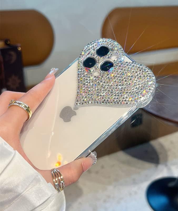 Funda transparente con purpurina compatible con iPhone 15, diseño de corazón 3D con diamantes de imitación femeninos brillantes y corazones
