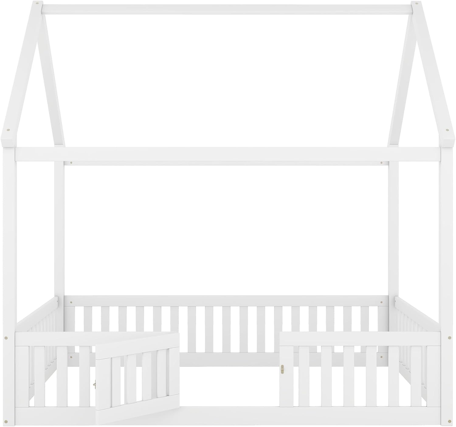 Marco de cama de casa para niños, cama Montessori de madera tamaño matrimonial con diseño de valla y puerta, cama de piso completo con rieles para