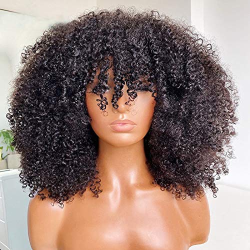 Peluca afro rizada con flequillo, hecha a máquina, peluca superior del cuero cabelludo de 200 de densidad, cabello humano virgen brasileño, corto,