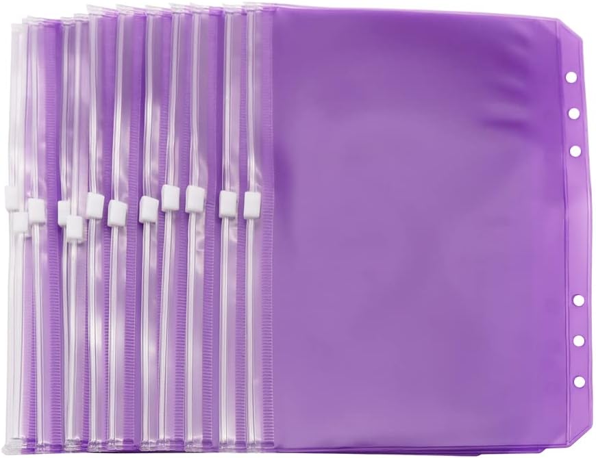Carpeta de PVC púrpura con bolsillos, 12 unidades, tamaño A5, con cremallera, hojas sueltas, 6 agujeros, organizador de PVC con cremallera, para