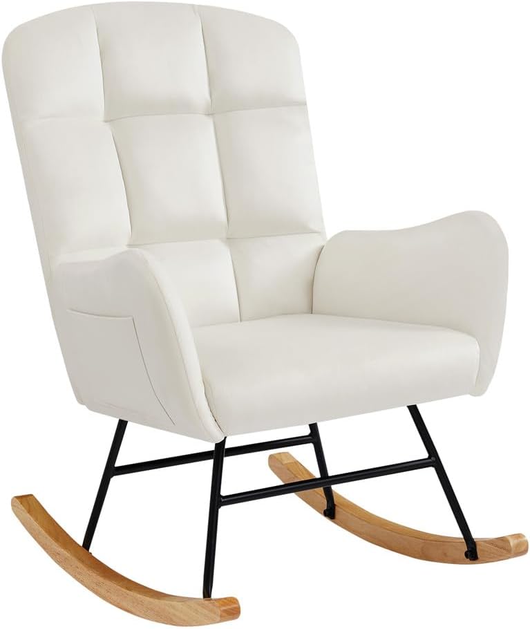 Mecedora para guardería, silla deslizadora tapizada con respaldo alto para sala de estar, dormitorio, oficinas (terciopelo blanco)