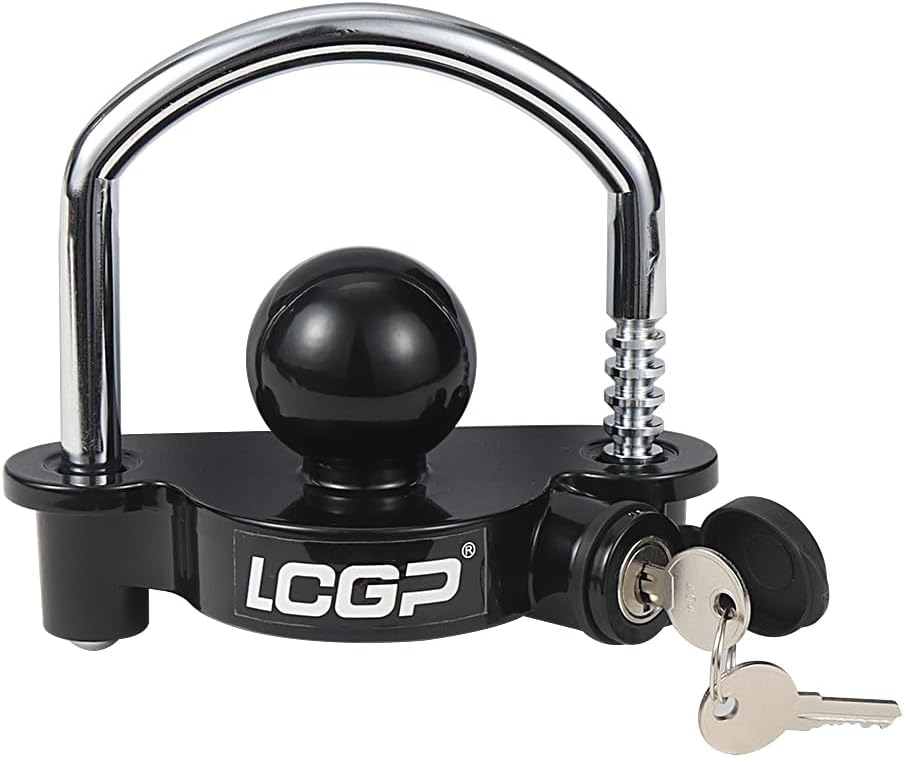 LCGP Bloqueo de acoplador de enganche de remolque negro con 2 llaves, bloqueo de acoplador universal, seguridad de almacenamiento ajustable, acero