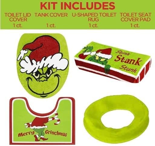 Juego de 4 fundas de asiento de inodoro y alfombra de monstruo verde navideño para interior del hogar, tapetes de baño, alfombra de inodoro en forma