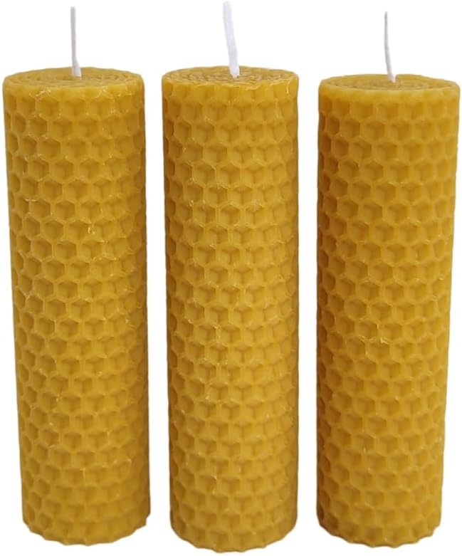 Velas de pilar de cera de abeja, 3 unidades, velas únicas como vela de emergencia de larga duración (4.7 in) – Velas de cera de abeja hechas a mano