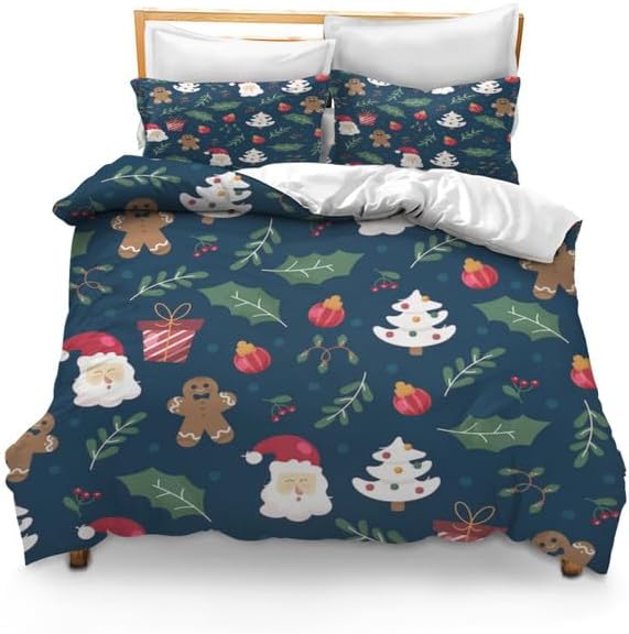 Bidesign Juego de funda de edredón tamaño matrimonial con temática navideña (diseño de cerezaárbol de Navidadcampana) para vacaciones (1 funda de