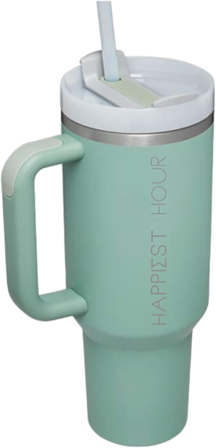Happiest Hour – Vaso aislado de acero inoxidable de 40 onzas con asa, tapa y pajita, taza de viaje para bebidas calientes y frías (Eucalyptus)