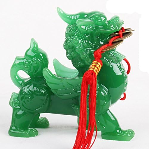 Wenmily Feng Shui Green Pi YaoPi Xiu Riqueza Porsperidad Estatua + Protección de la Prosperidad Juego de 5 Monedas Antiguas en Cadena Roja, Feng