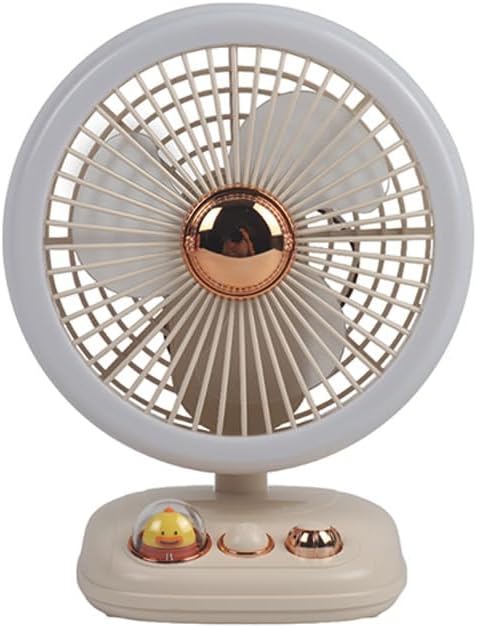 Ventilador de escritorio con luz LED, flujo de aire silencioso de velocidad variable, funciona con pilas recargables (beige)