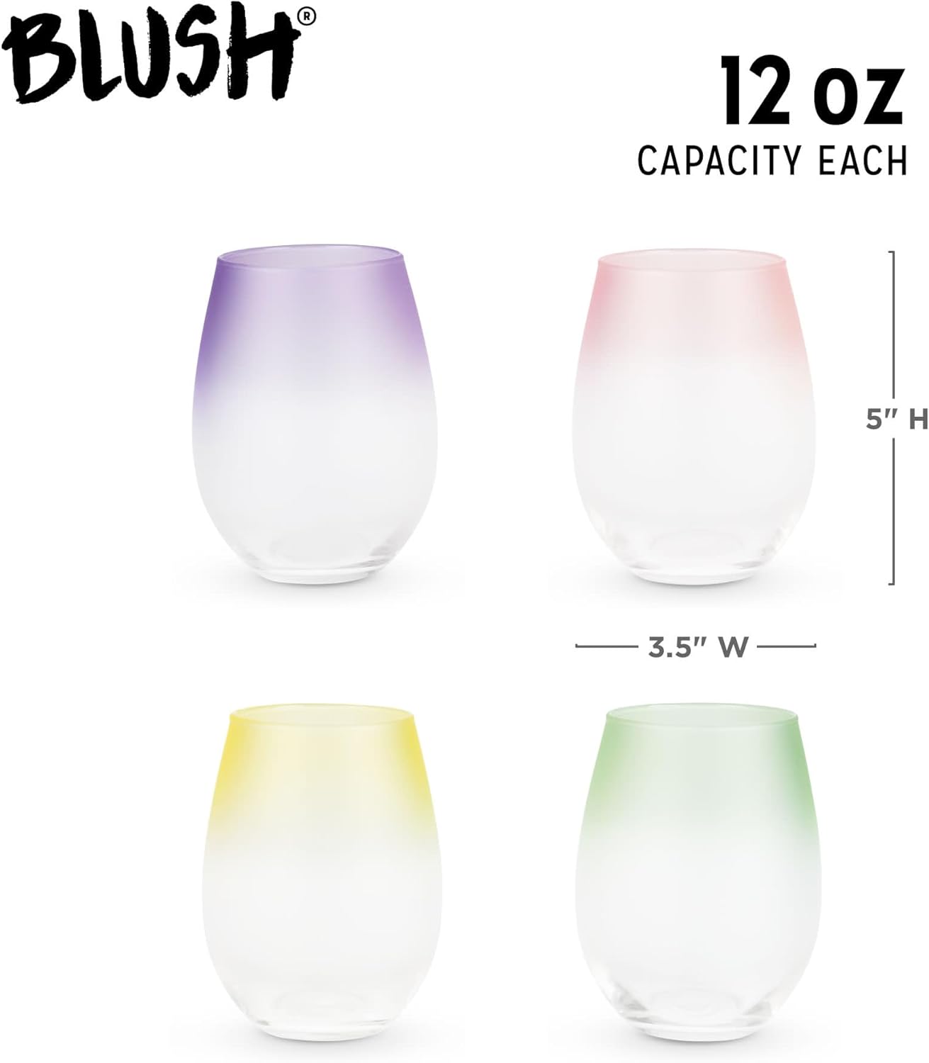 Blush Copas de vino esmeriladas sin tallo en rosa, morado, amarillo y verde, coloridas de 12 onzas, juego de 4
