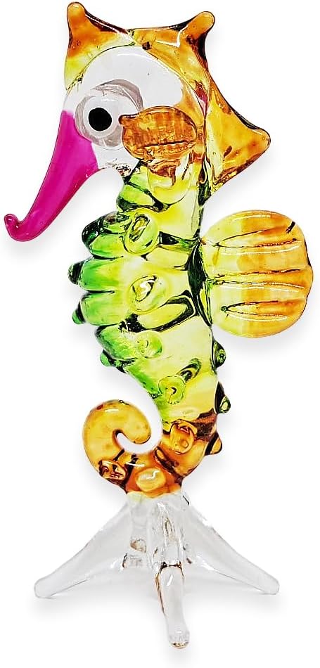 ChangThai Design Pequeña figura de caballito de mar de 2 pulgadas de alto, verde, amarillo, rosa, animal de vidrio soplado a mano, multicolor,