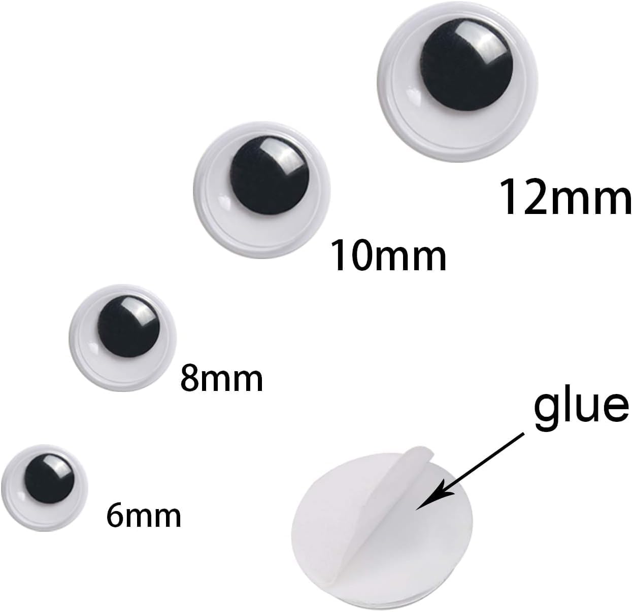 UPINS 500 piezas de ojos negros con autoadhesivo, 0.236 in, 0.315 in, 0.394 in, 0.472 in, embalaje mixto