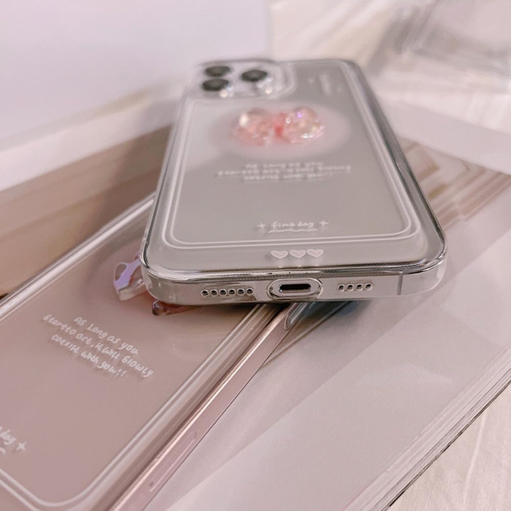 Casechics Funda compatible con iPhone, bonita funda de cristal 3D con lazo y purpurina brillante para el lente de la cámara, transparente, suave, a