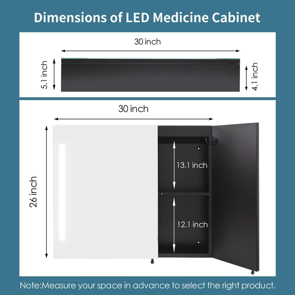 Movo Botiquín iluminado con espejo, 30 pulgadas x 26 pulgadas, espejo LED para baño con luces y almacenamiento, antivaho, regulable, cambio de