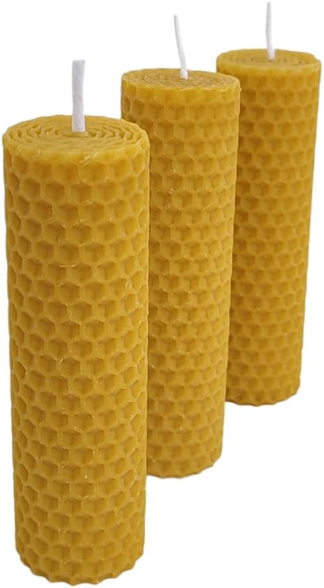 Velas de pilar de cera de abeja, 3 unidades, velas únicas como vela de emergencia de larga duración (4.7 in) – Velas de cera de abeja hechas a mano