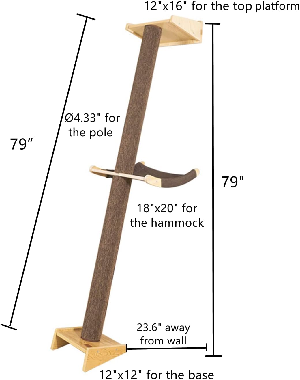 Alfombra moderna de pared inclinada de 78.7 pulgadas de alto, torre de árbol para gatos, pilar rascador con cama para gatos, hamaca perca, poste de