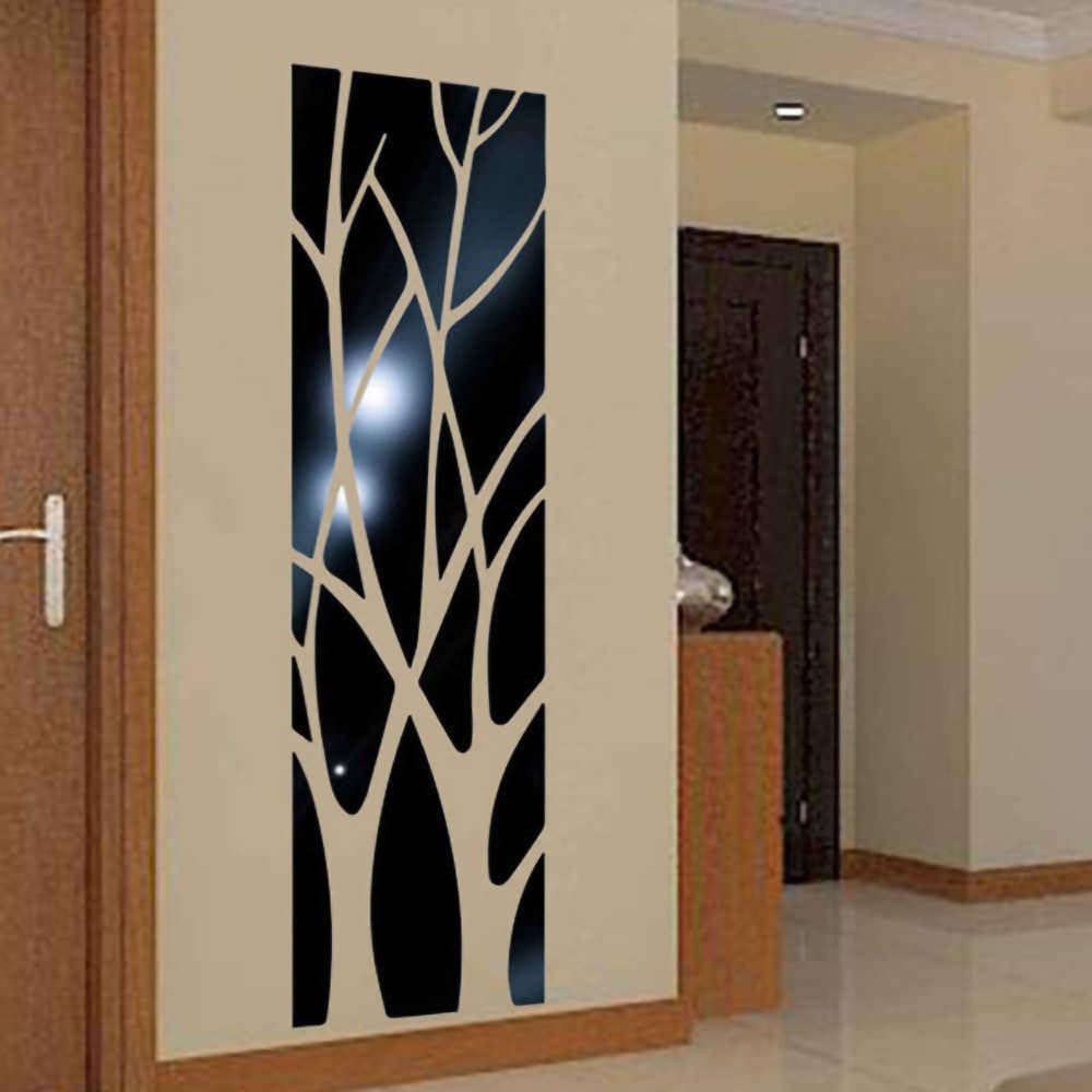 Calcomanías de pared de espejo de abedul con ramas de espejo acrílico 3D para sala de estar, dormitorio, cocina, 39.4 x 11 pulgadas (negro)