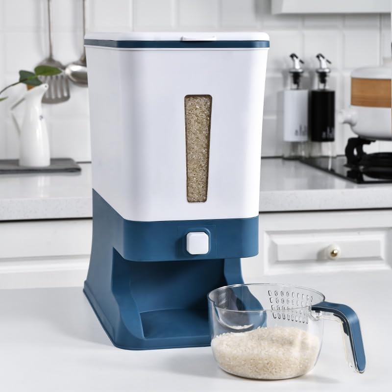 MJG Products, contenedor grande de almacenamiento de arroz de 25 libras, dispensador de alimentos con taza medidora para arroz, avena, frijoles y