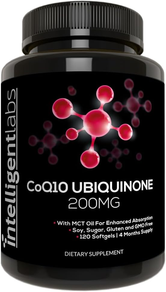 Intelligent Labs CoQ10 Ubiquinona 200mg cápsulas blandas  Coenzima Q10 con aceite MCT para una máxima absorción  Soja, azúcar, gluten y OGM  120
