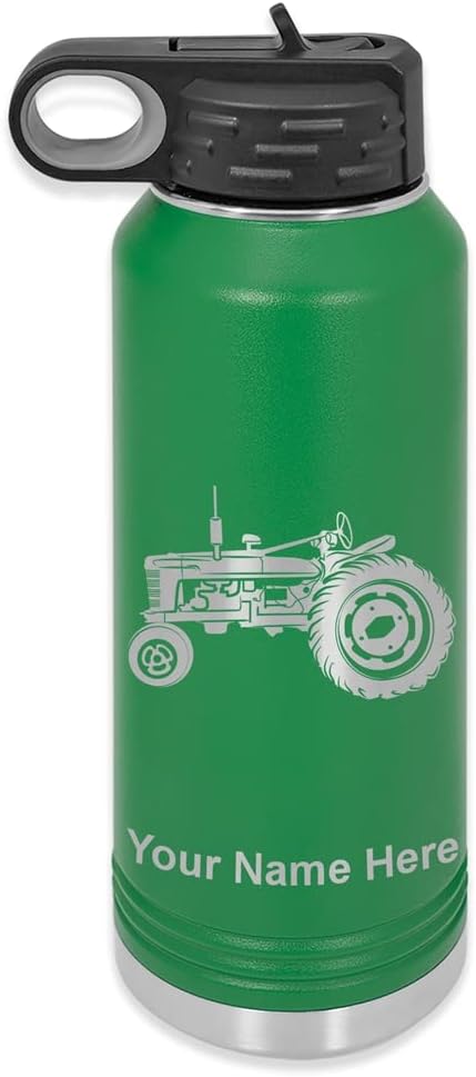 LaserGram Botella de agua de doble pared con tapa abatible de 40 onzas con pajilla, tractor de granja antiguo, grabado personalizado incluido (verde)