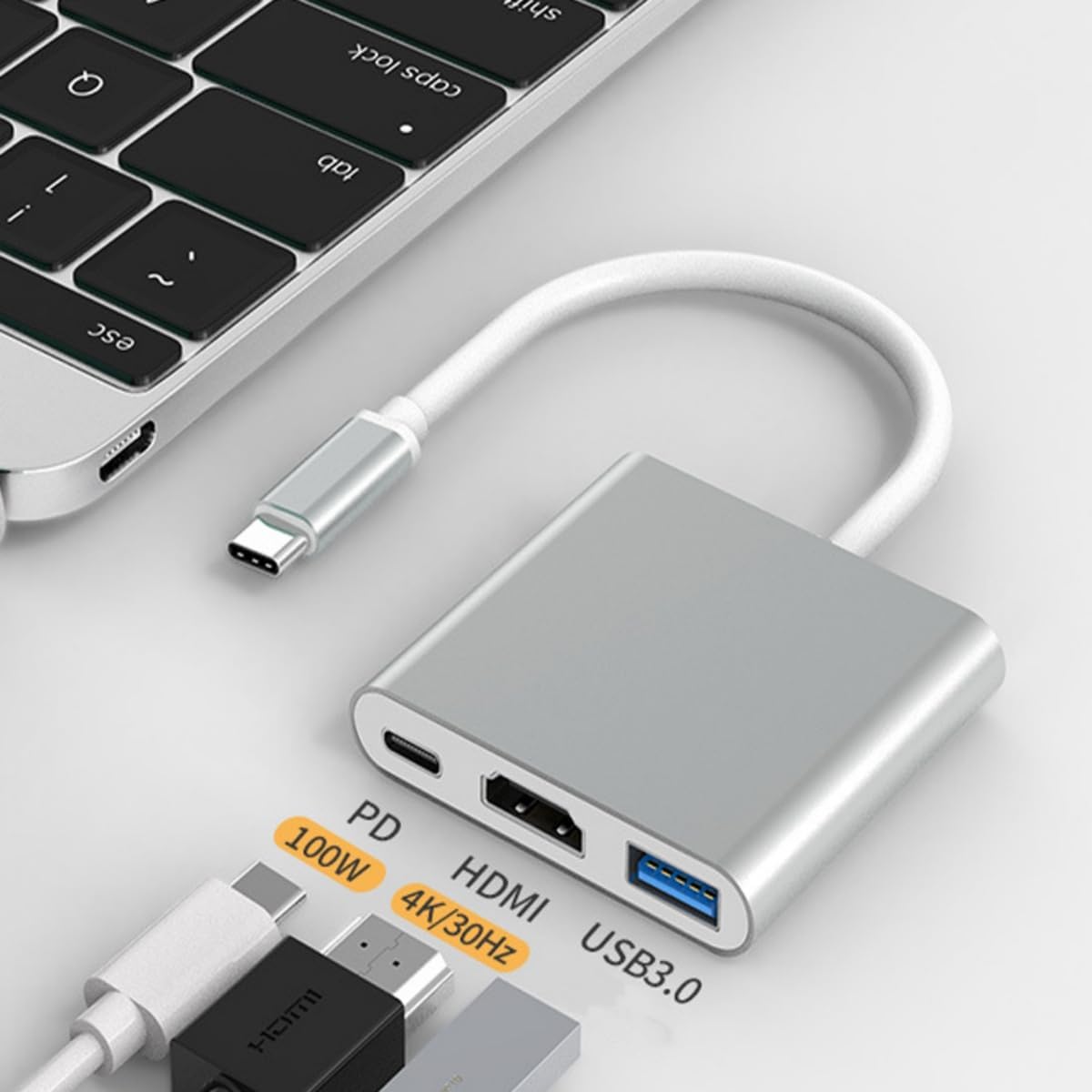 Estación de acoplamiento 4K 30Hz 3 en 1 sin demora convertidor PD a HDMI Adaptador de teléfono celularportátil Puerto HDM Tipo C USB 3.0 Soporte