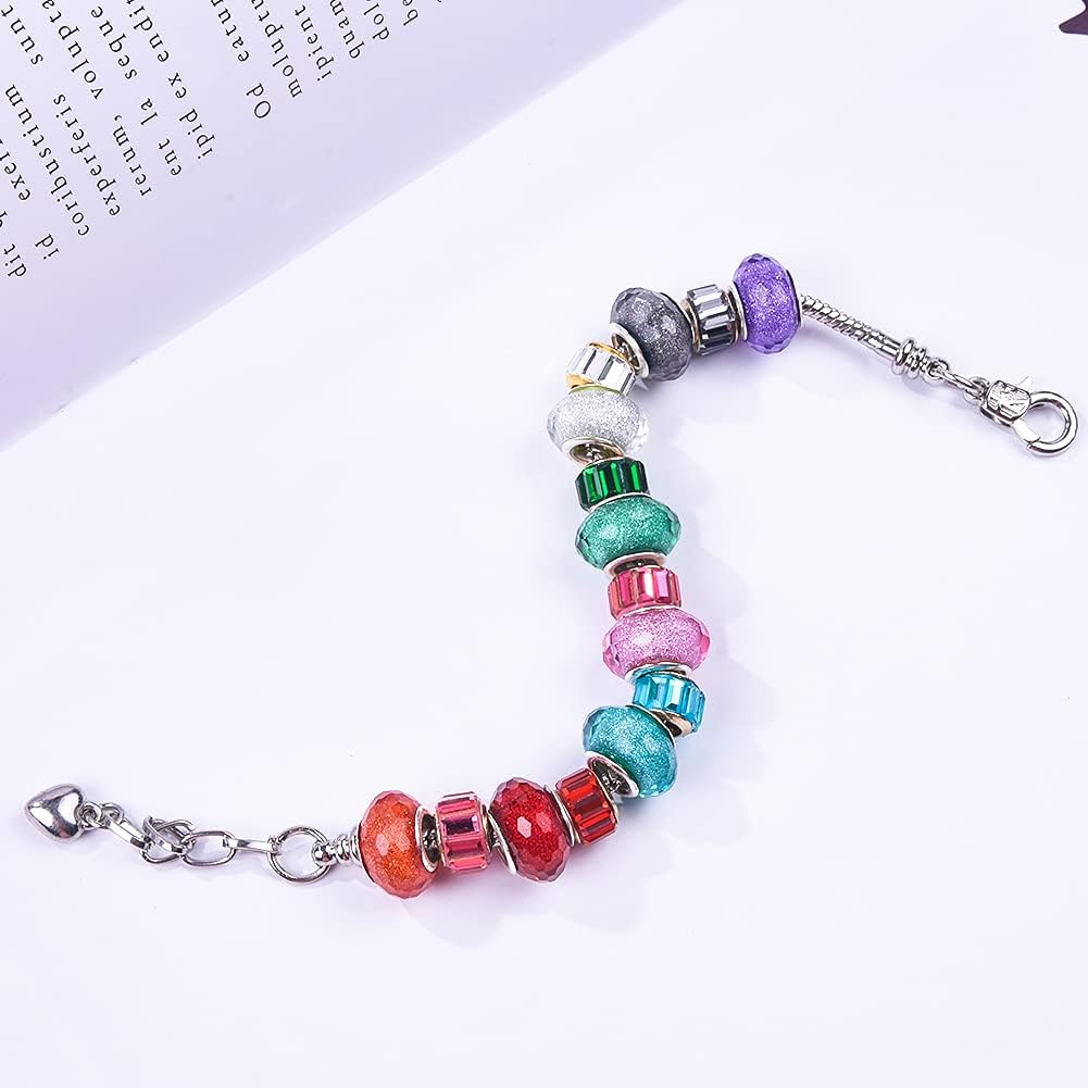 Surtido de 100 cuentas europeas de diamantes de imitación de cristal con agujero grande, pulsera de cadena de serpiente con metal chapado para
