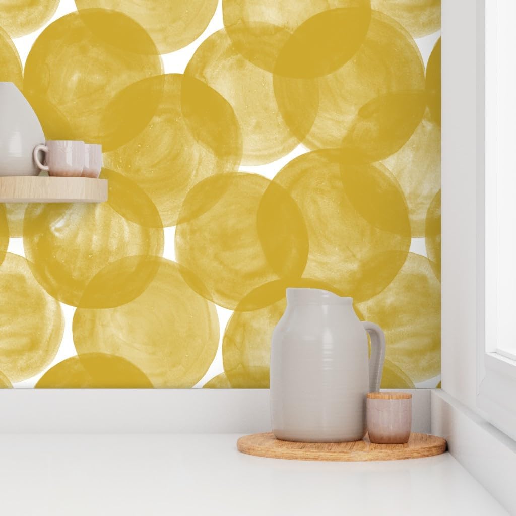 Spoonflower Peel & Stick Wallpaper Swatch – Watercolor Mustard Yellow Gold Polka Dots Geometric Bold Circles Round Custom Removable Wallpaper