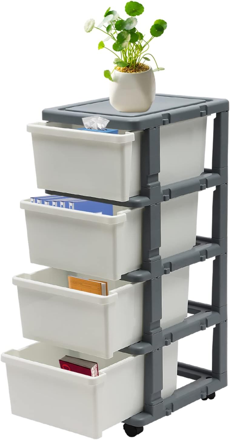 Carrito de almacenamiento de plástico con 4 cajones, carrito de almacenamiento de plástico rodante, carrito de almacenamiento con ruedas para