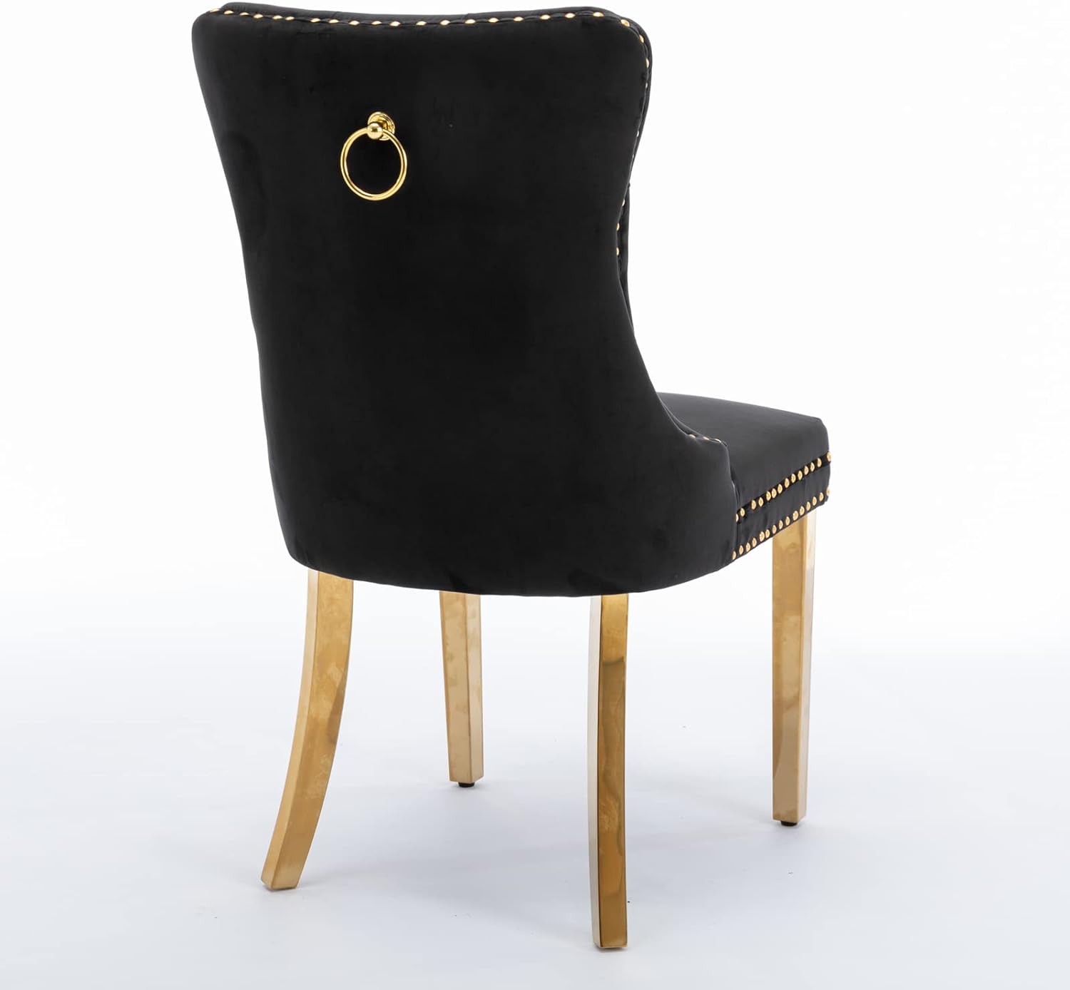 HABITRIO Juego de 2 sillas de comedor, sillas laterales tapizadas de madera maciza con patas de acero inoxidable chapado en oro, cabeza de clavo y