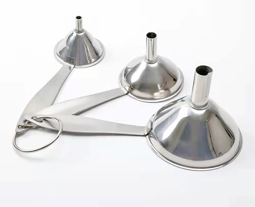 Juego de 3 mini embudos de acero inoxidable, embudos de metal para cocina, embudos sin derrames, con mango largo para transferir líquidos de aceite