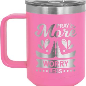 Pray More Worry Less Taza de café rosa de 15 onzas con tapa deslizante Taza de café de viaje aislada Ideas de regalo únicas de mujeres u hombres Pray More Worry Less Taza de café rosa de 15 onzas con tapa deslizante Taza de café de viaje aislada Ideas de regalo únicas de mujeres u hombres