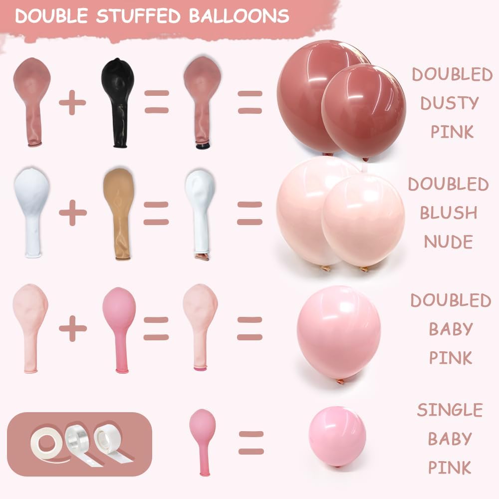 Guirnalda de globos de color rosa polvoriento de doble relleno, globos de látex rosa rosa, kit de arco de globos rosa pastel para boda, baby shower,