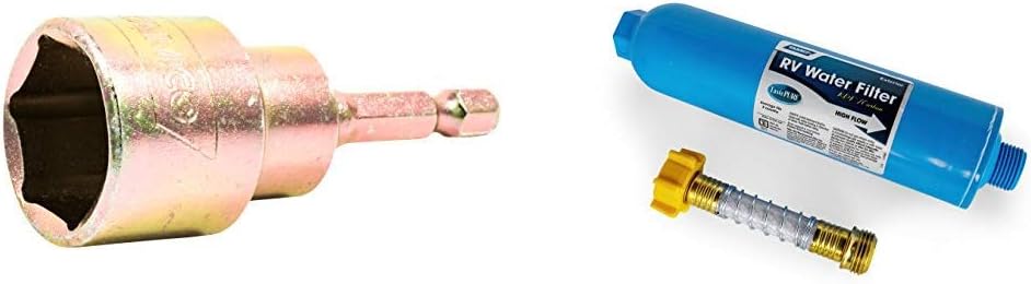 Camco Adaptador de taladro de tijera de nivelación RV con vástago de conexión rápida de 14 pulgadas + filtro de agua TastePURE RV 40043 con